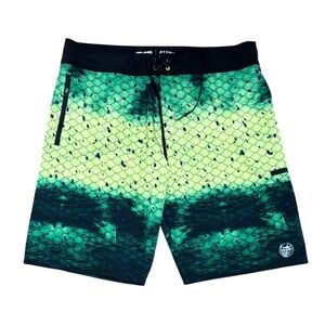 Pelagic Hydro-Lite Mens Green Fish Scale Board Shorts Size 40 Fishing Swim Trunk